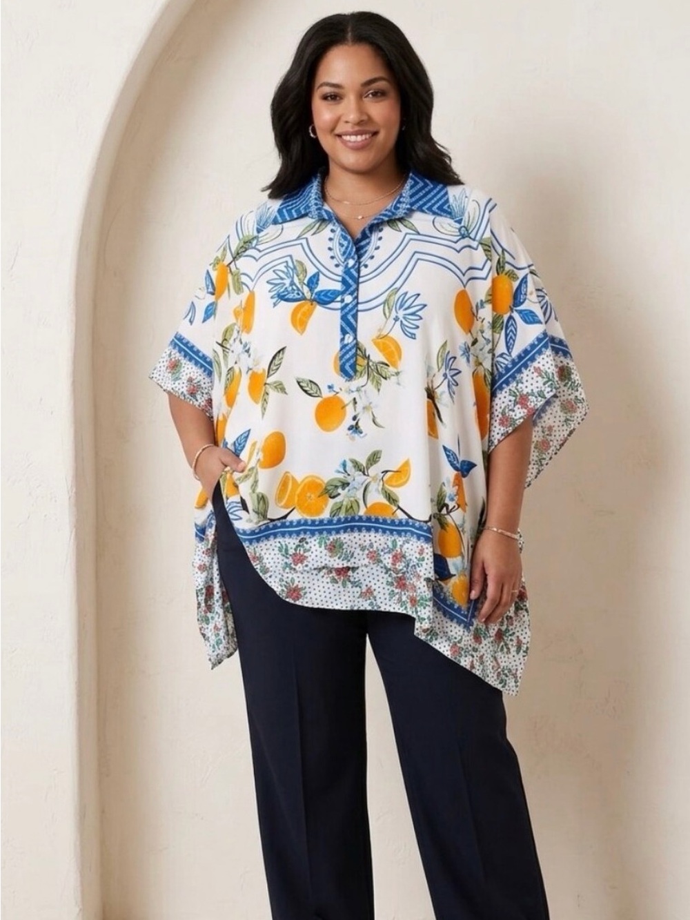 NWT John Mark Pullover Collared Tunic Oranges Floral Print Top, Size OX / 1X